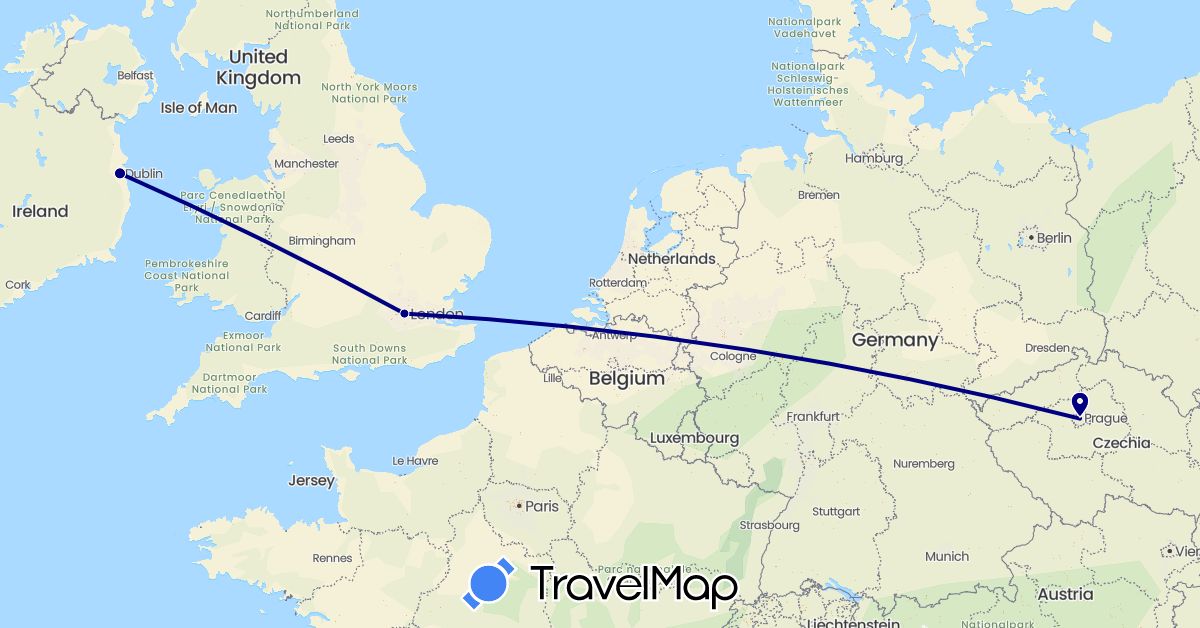 TravelMap itinerary: driving in Czech Republic, United Kingdom, Ireland (Europe)